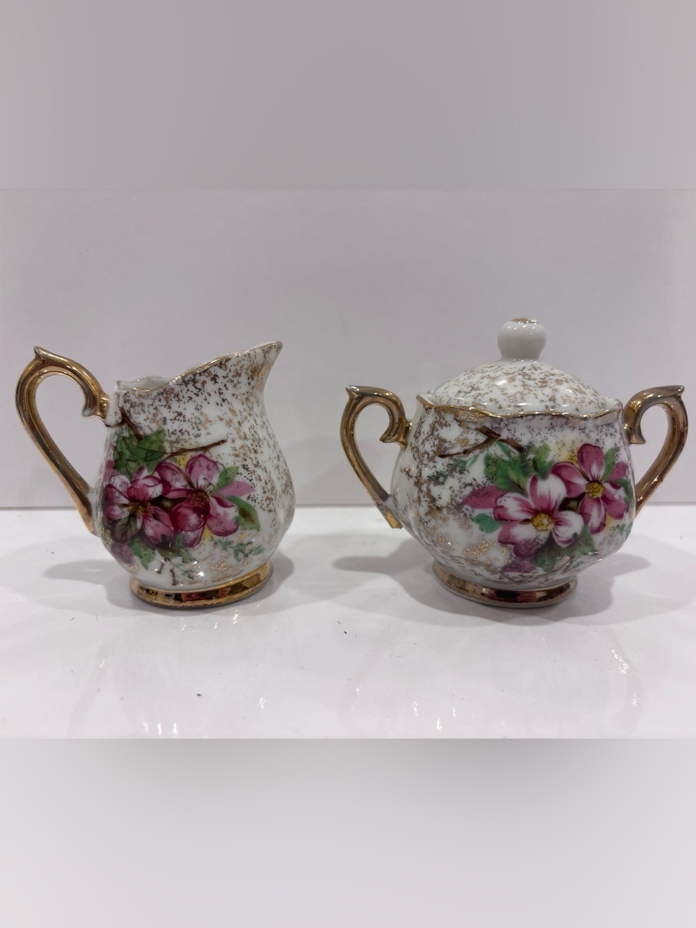 Vintage  Japan Porcelain Cream And Sugar Set, Floral Design, Good Gilt Trim 3”